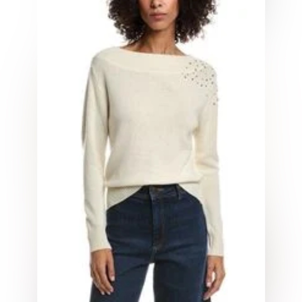 Nine West Cream Off Shoulder Embellished Sweater Medium